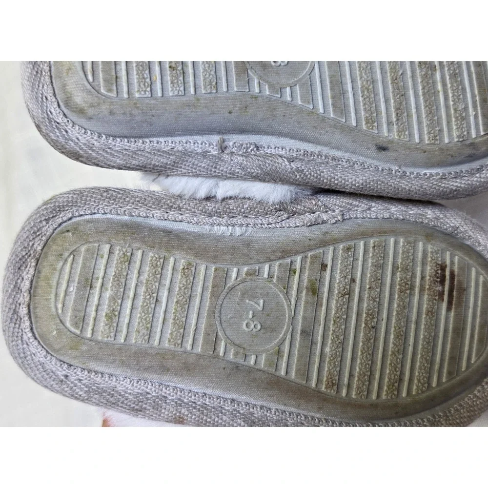 Girls Metallic Silver Faux Fur Slippers Elastic Back Strap Size 7-8 Kids